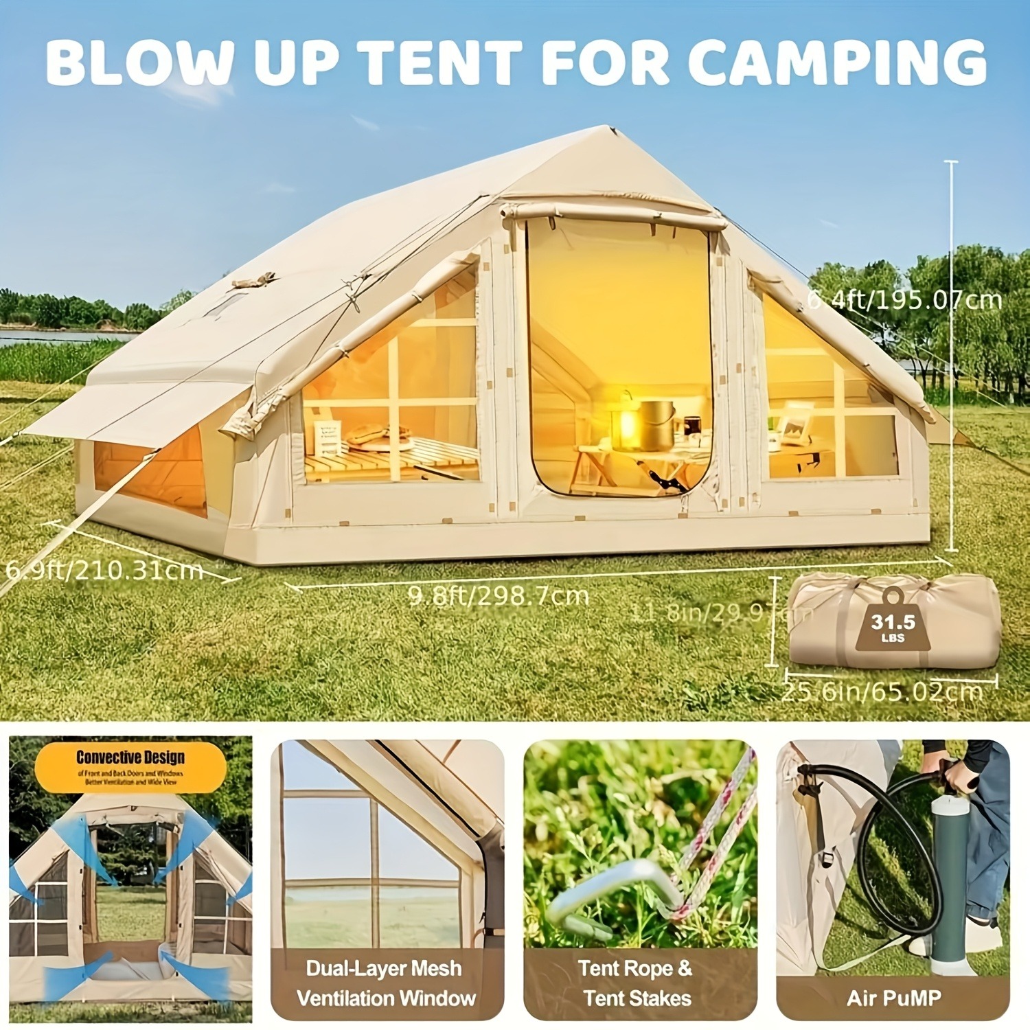 Inflatable Camping Tent With Pump, Glamping Tents, Easy Setup 4 Season Waterproof Windproof Outdoor Blow Up Tent, Luxury Cabin Tent With Mesh Windows & Doors Air Tents For Camping Adult - 图片 13