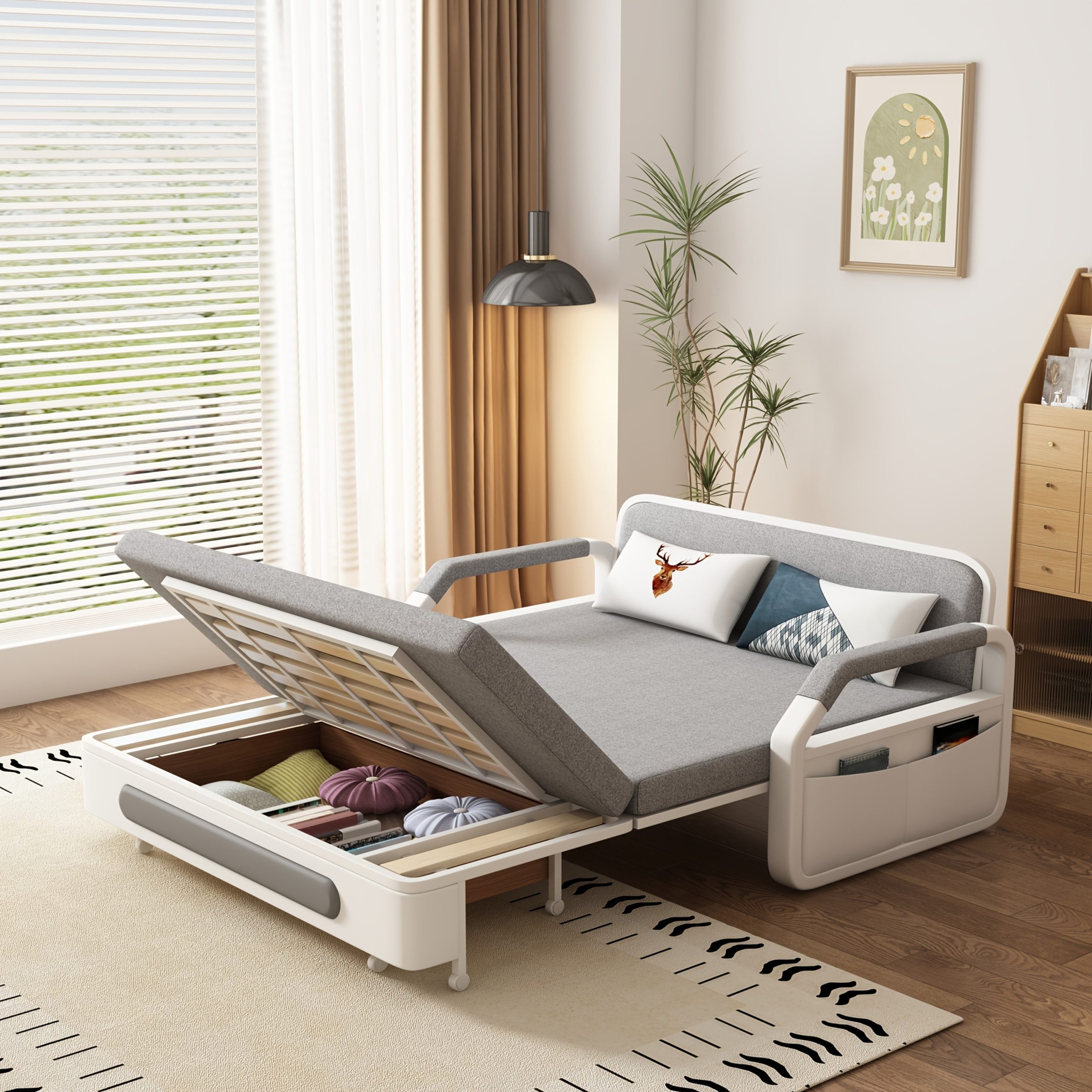 Modern multifunctional folding sofa bed, double seat design with built-in storage space, suitable for living room/balcony/apartment use - 图片 9