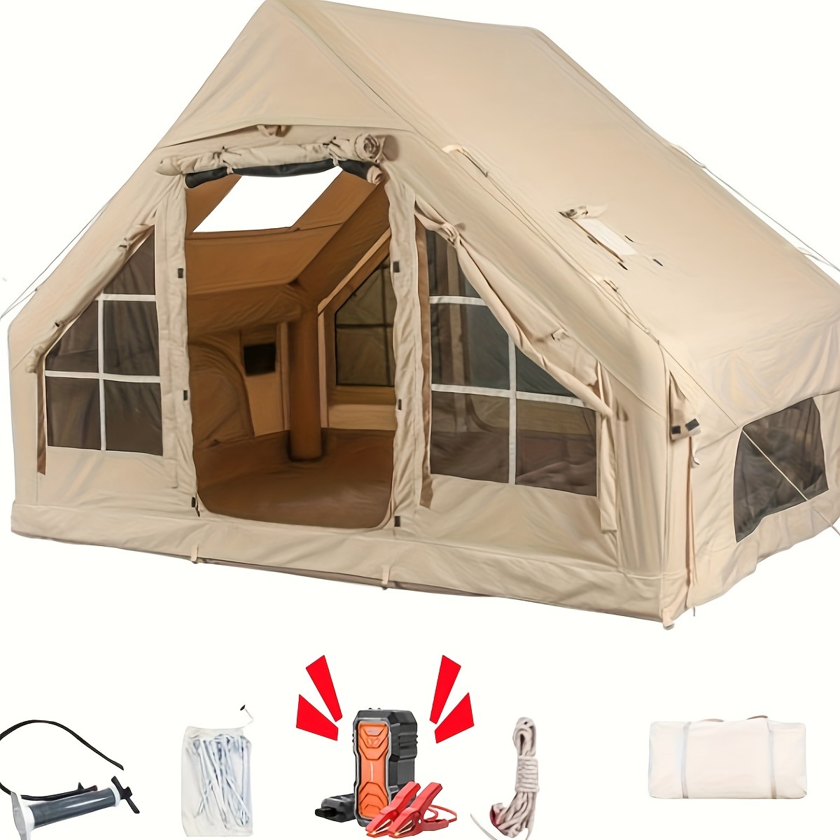 Inflatable Camping Tent With Pump, Glamping Tents, Easy Setup 4 Season Waterproof Windproof Outdoor Blow Up Tent, Luxury Cabin Tent With Mesh Windows & Doors Air Tents For Camping Adult - 图片 11