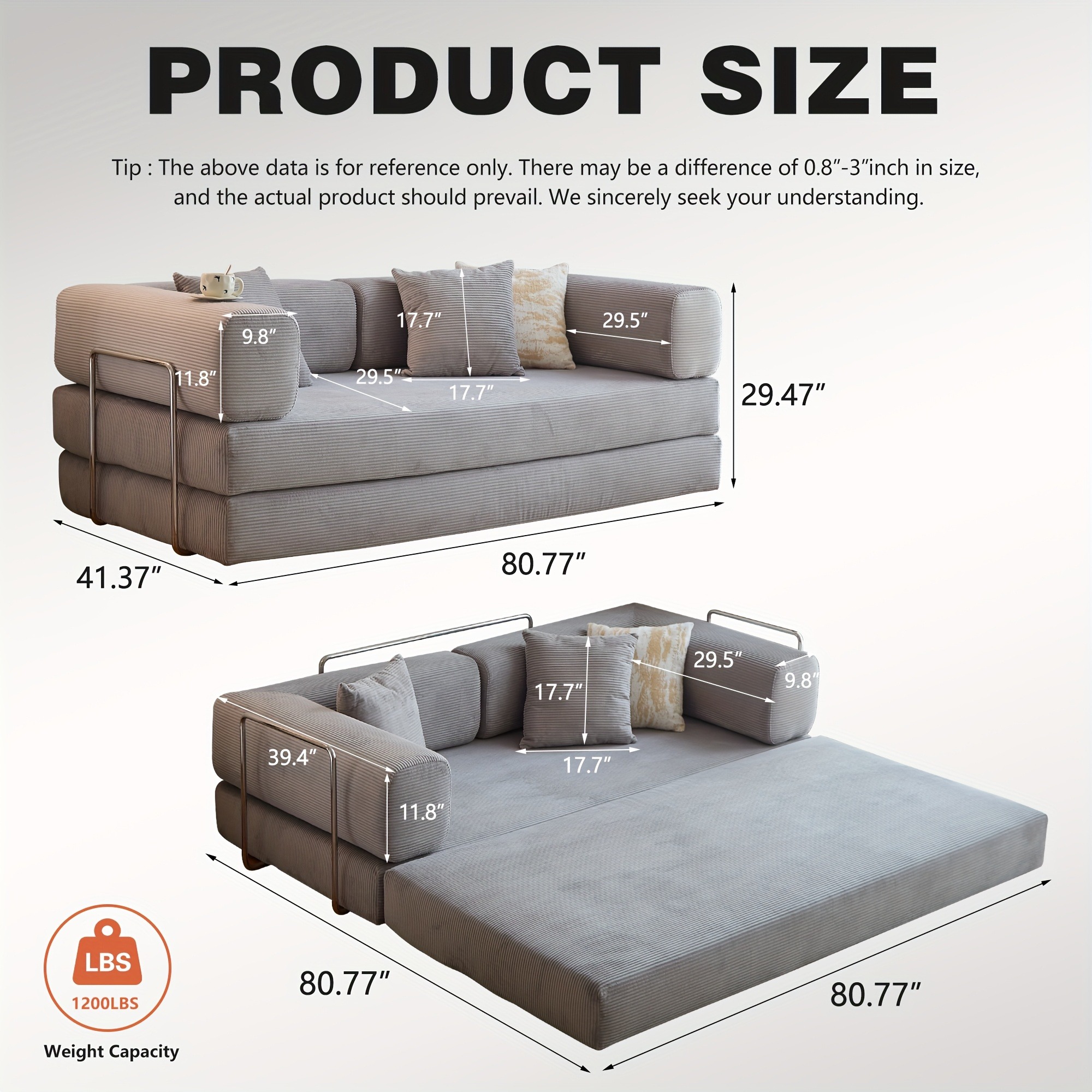 78.8'' Foldable Sofa Bed - 4-in-1 Convertible Sleeper Sofa with Memory Foam Cushioning, Space-Saving Floor Couch with Pillow Back Support & Armrests - 图片 13