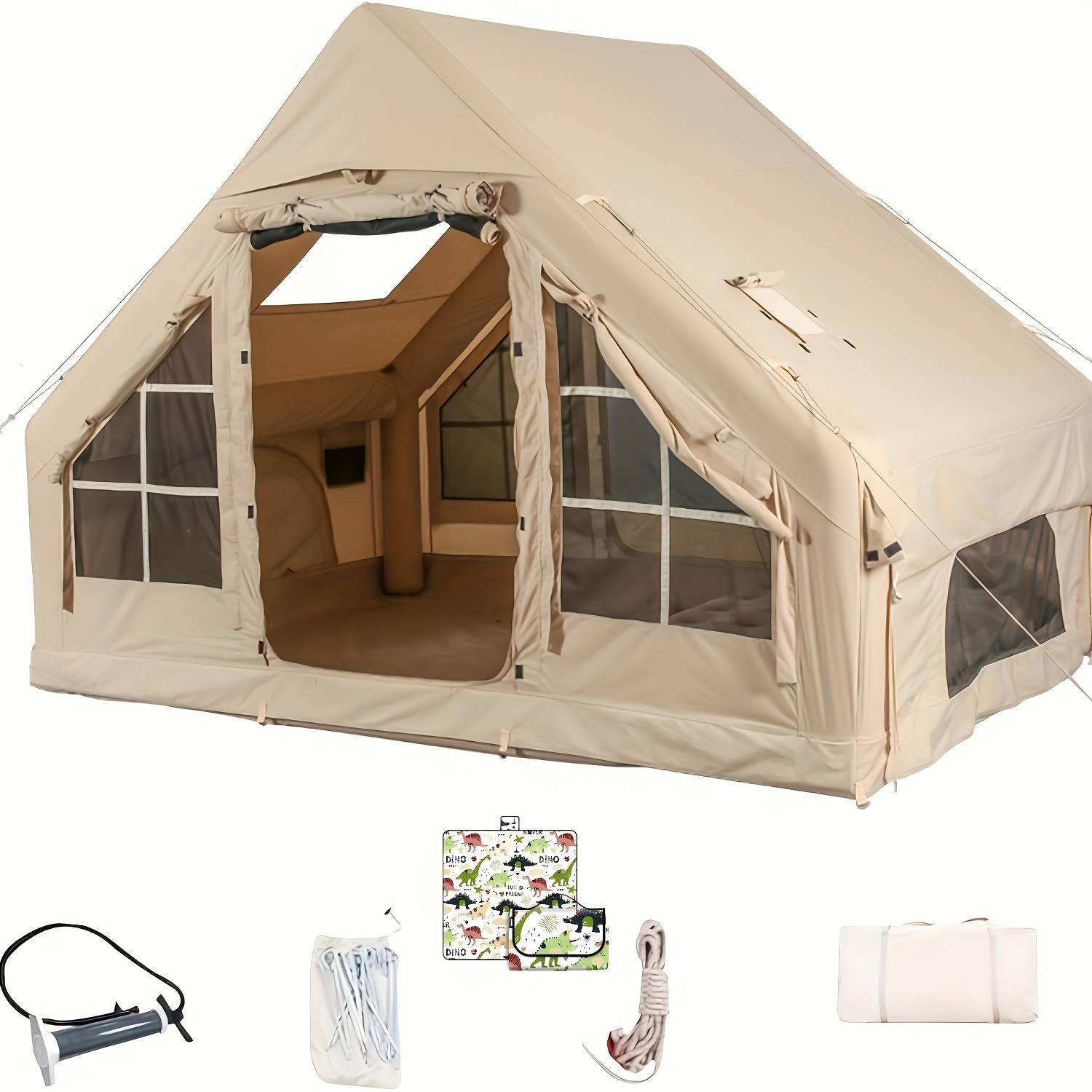 Inflatable Camping Tent With Pump, Glamping Tents, Easy Setup 4 Season Waterproof Windproof Outdoor Blow Up Tent, Luxury Cabin Tent With Mesh Windows & Doors Air Tents For Camping Adult - 图片 9
