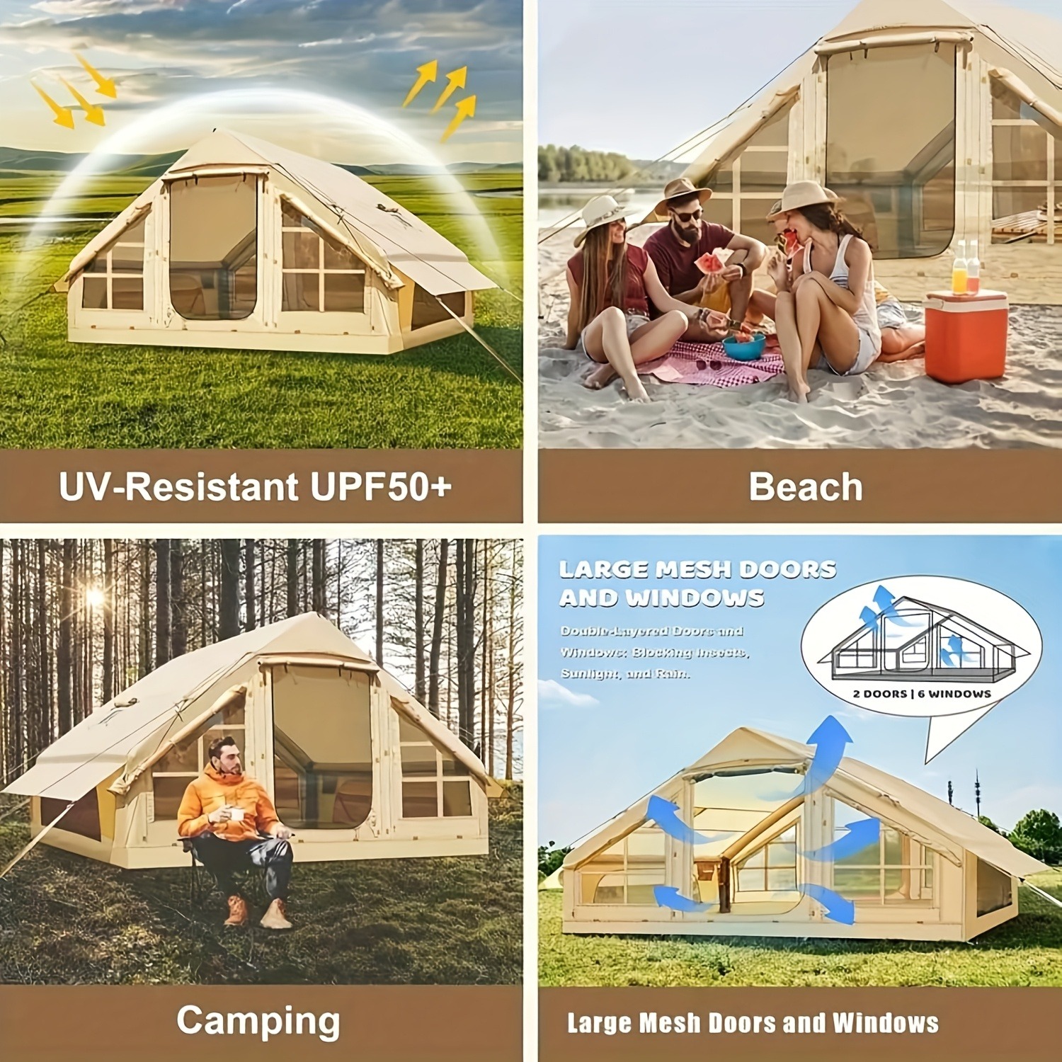 Inflatable Camping Tent With Pump, Glamping Tents, Easy Setup 4 Season Waterproof Windproof Outdoor Blow Up Tent, Luxury Cabin Tent With Mesh Windows & Doors Air Tents For Camping Adult - 图片 8