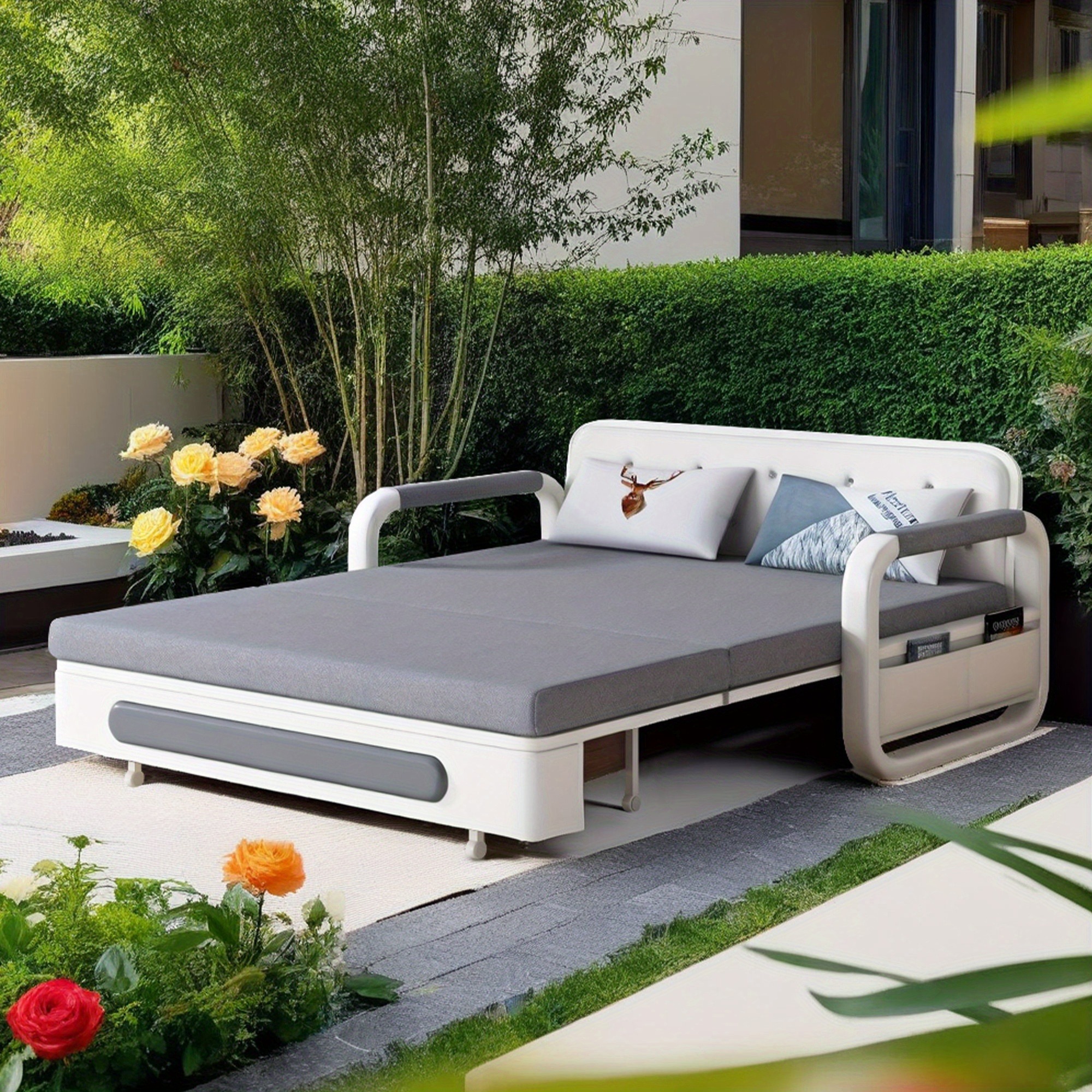 Modern multifunctional folding sofa bed, double seat design with built-in storage space, suitable for living room/balcony/apartment use - 图片 2
